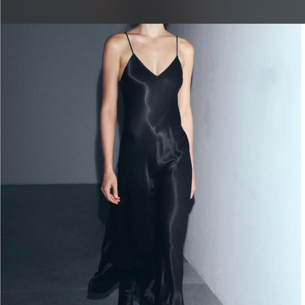 Zara Black Satin Slip Dress with Spaghetti Straps